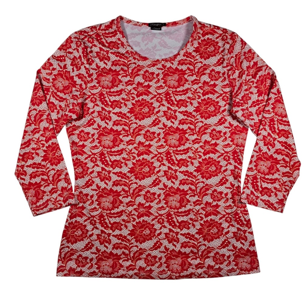J. McLaughlin Red White Floral Print 3/4 Sleeve Nylon Blend Top Shirt Women's S